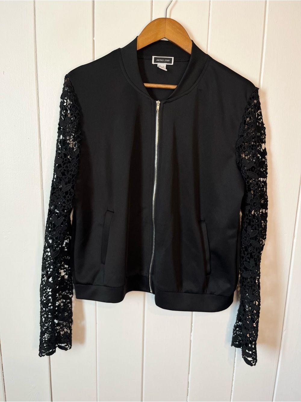 Another Story Black With Lace Sleeve Bomber Jacket. Size XL.